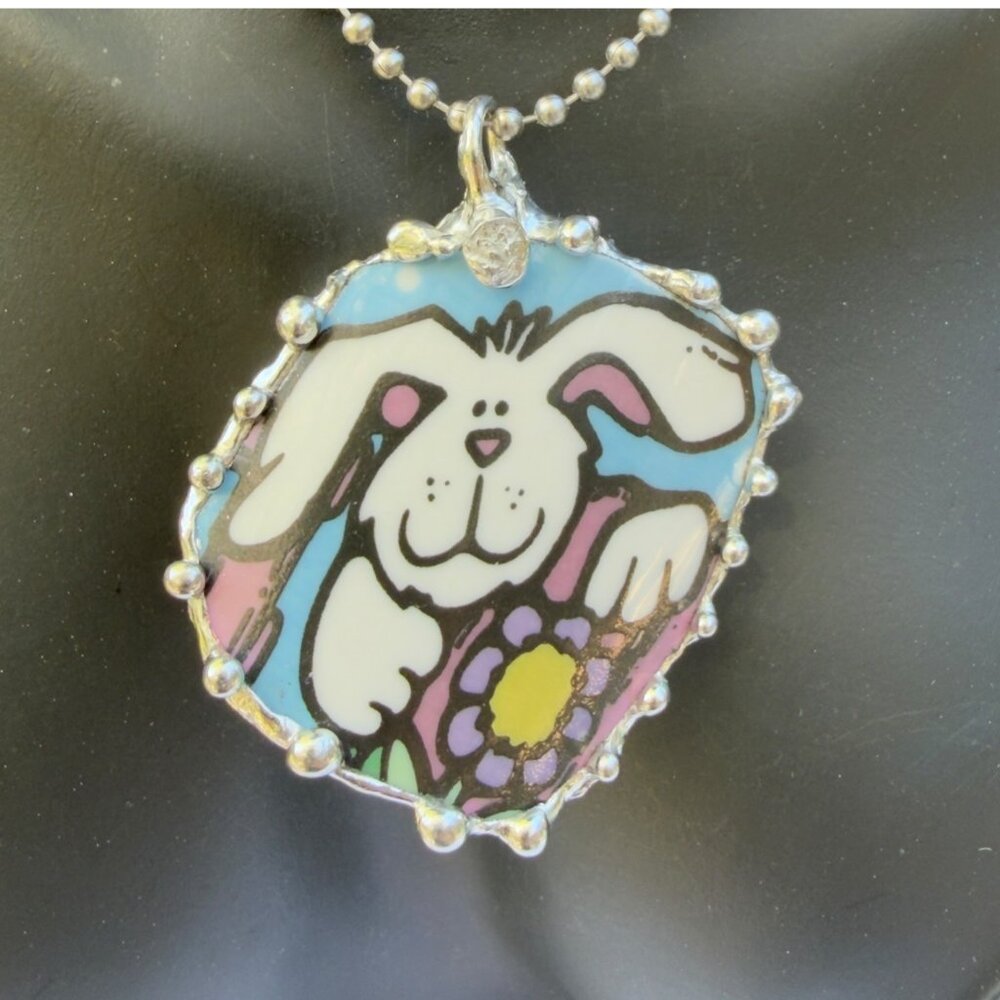 Handmade Easter Bunny Pendant With Silver-Blend Frame Made From Vintage Royal No - Picture 5 of 15